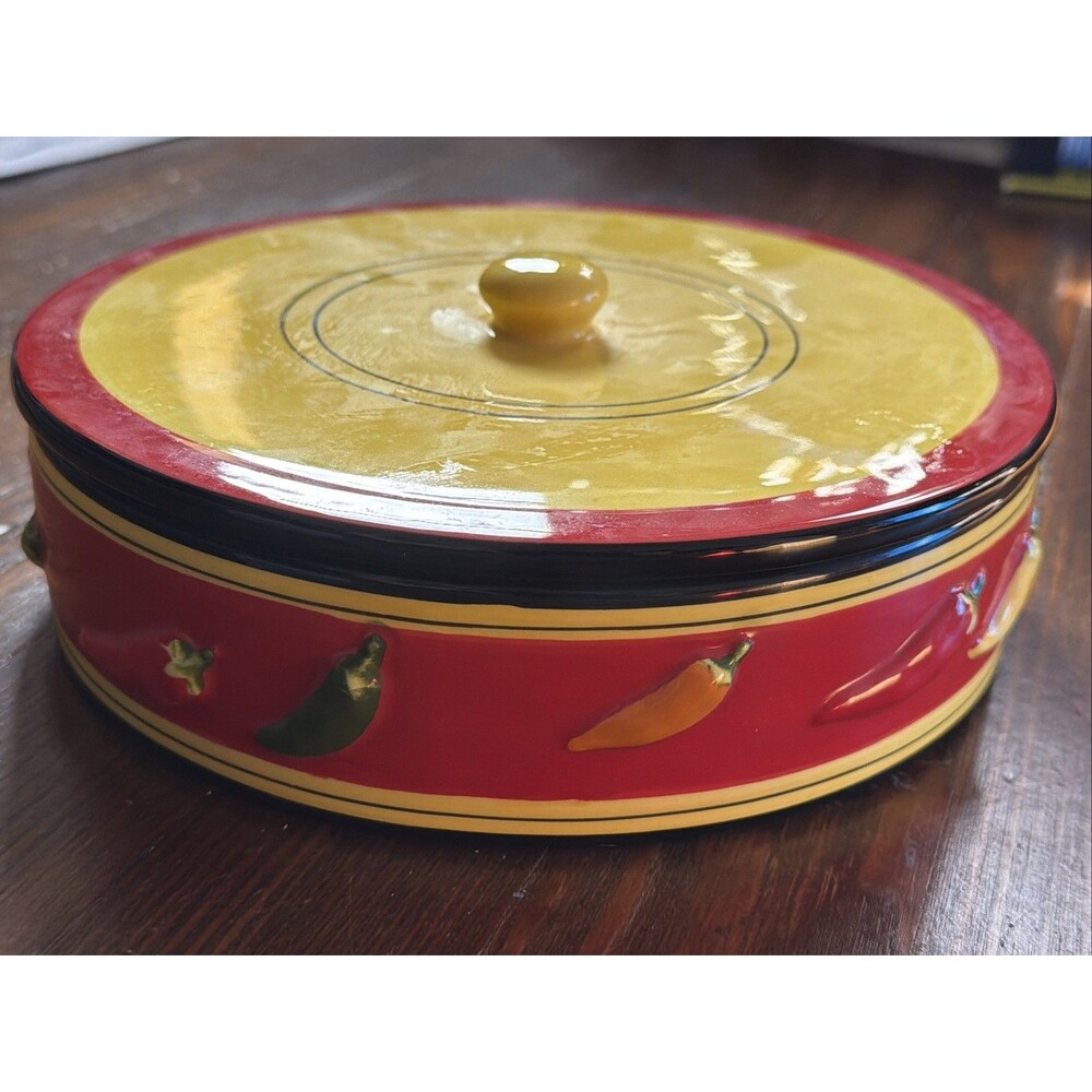 Avon Tortilla Warming Bowl W/ Lid Ceramic W/ Painted Chilis Microwave/Oven Safe